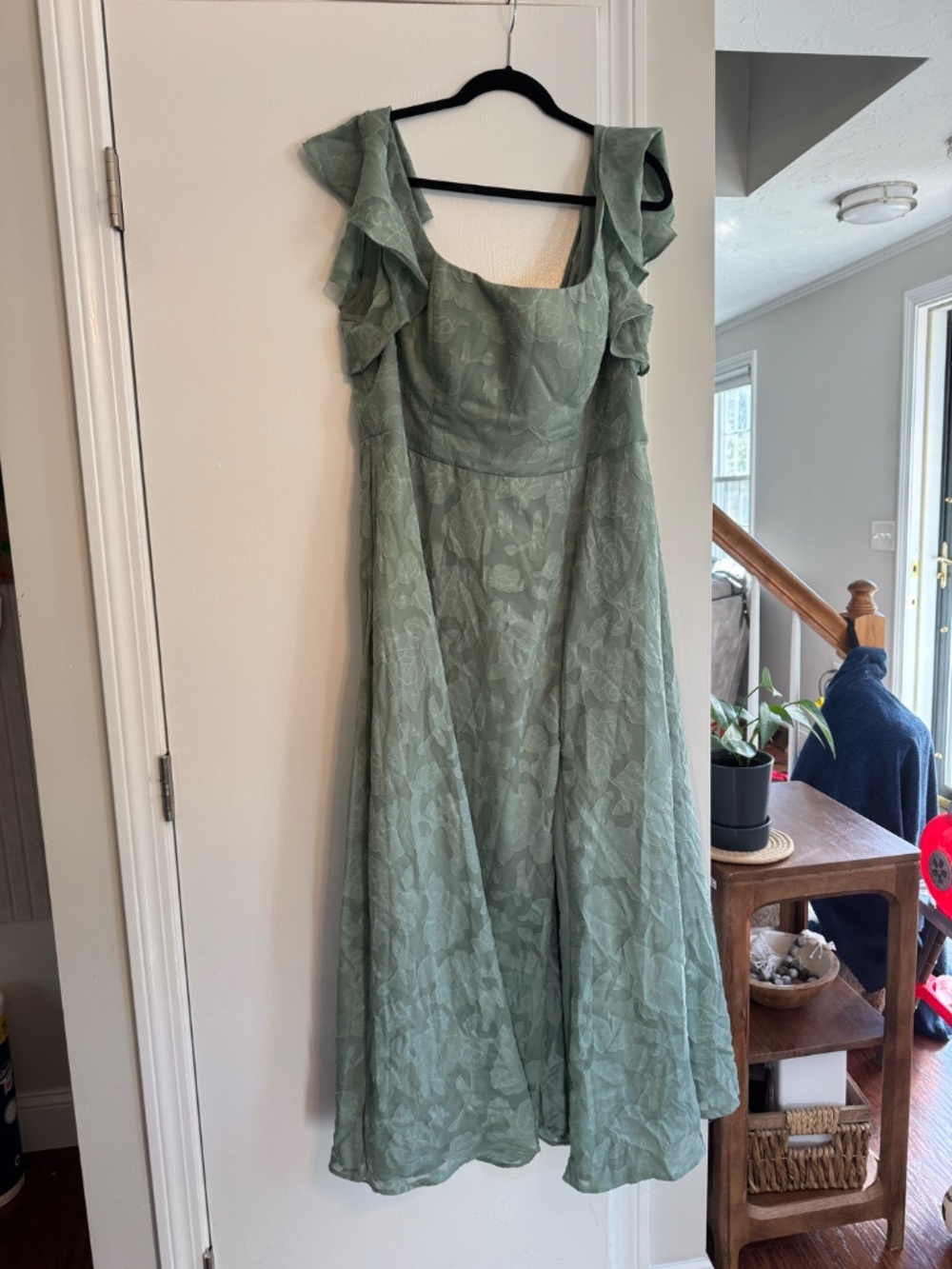 Azazie Bondi Dusty Sage A-Line Side Slit Floral Burnout Dress
